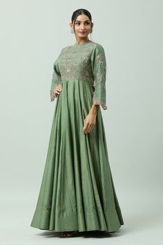 Green chanderi floor length anarkali with hand embroidered bodice. - Aza Fashions Art Silk Anarkali Set With Cutdana In Maxi Length, Designer Floor-length Anarkali Set With Zari Work, Pista Green Anarkali Kurta Floor-length, Pista Green Anarkali Churidar Floor-length, Pista Green Floor-length Anarkali Churidar, Designer Anarkali Set With Zari Work In Maxi Length, Designer Wear Zari Work Anarkali Set Maxi Length, Anarkali Floor-length Churidar With Zari Work, Chanderi Traditional Maxi Wear For Reception