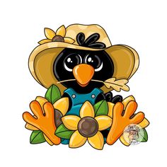 a cartoon bird wearing a cowboy hat and holding flowers