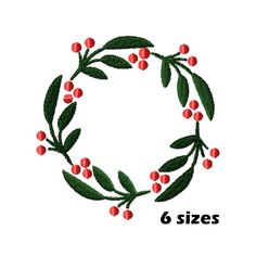 the 6 sizes of embroidery designs are shown in red, green and white colors with leaves