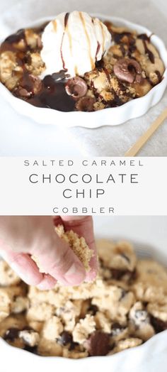 salted caramel chocolate chip cookie cobbler is an easy dessert recipe that's ready in under 30 minutes