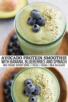 Blueberry Avocado Smoothie - Creamy Avocado Smoothie with blueberries, spinach, banana, protein powder, and a secret ingredient for a healthy complete meal in a glass! Digestion Smoothie, Blueberry Avocado Smoothie, Avocado Protein, Chocolate Avocado Smoothie, Smoothie Recipes Healthy Breakfast, Protein Smoothie Recipes, Banana Protein, Spinach Smoothie