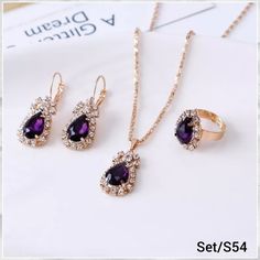 This Set Has 3 Different Things. The Colors Is Gold/Purple ~ Necklace ~ Earrings ~ Ring Purple Bridal Jewellery Set, Rhinestone Jewelry Set, Double Heart Necklace, Crown Necklace, Bridal Engagement Rings, Gem Necklace, Classic Necklace, Women's Jewelry Sets, Fashion Jewelry Sets