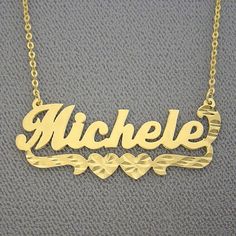 "*Average Name Pendant Width : 1 3/4 Inch (4.5 cm) Approx. *Up to 9 Letters. *Pendant Thickness : 0.5 mm / 25 Gauge / 0.020\" *Premium high end quality personalized laser cut out any letters/numbers in 10kt or 14kt solid yellow or white gold personalized name necklace, this item comes with split sturdy 1.25 mm Flat Rollo chain from 15~20 inches, name pendant length not included on length option. *This pendant cut out by latest technology laser machine, top quality guaranteed. *All personalized j Necklace With Name On It, 2 Hearts, Name Pendant, Belly Jewelry, Hearts Necklace, Gold Name Necklace, Laser Machine, White Solid, Two Hearts