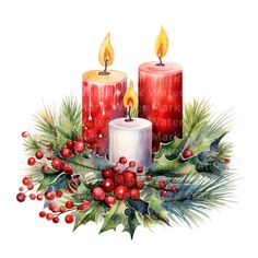 two red candles with holly and berries on the top are surrounded by pine cones, evergreen leaves