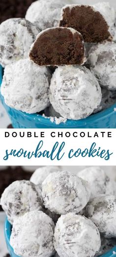 two blue bowls filled with chocolate snowballs