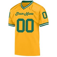 Custom Gold Kelly Green-White Mesh Authentic Throwback Football Jersey Customizable Team-colored Varsity Jersey, Customizable Collegiate Jersey For Game Day, Customizable Varsity Jersey In Team Colors, Collegiate Customizable Jersey For Game Day, Customizable Team-colored Jersey With Logo, Custom Team-colored Jersey With Team Logo, Green College Team Spirit Jersey, Green Jersey With Team Name For Fans, Customizable Collegiate Fan Gear Jersey