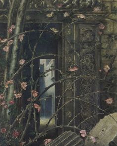 an image of a painting with flowers on the window sill and vines growing around it