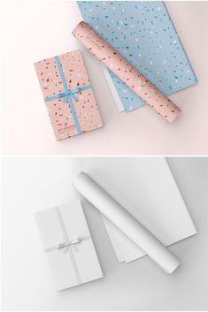 three different types of wrapping paper on top of each other, one with a blue ribbon and