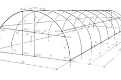 a drawing of a greenhouse with measurements for the roof and side walls, all outlined in black ink