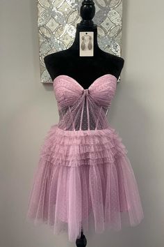 Sweetheart Pink Tiered Short Dress with Dots Dress With Dots, Corset Layering, Short Princess Dress, Layered Short, Winter Formal Dresses, Junior Prom Dresses, Pink Corset, Strapless Corset, Sweet 16 Dresses