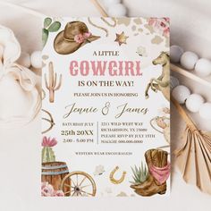 a little cowgirl is on the way baby shower or birthday party with pink and gold accents