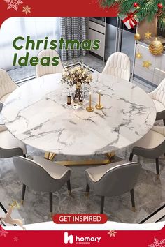 a white marble table surrounded by chairs with christmas decorations on it and the words, christmas ideas get inspired