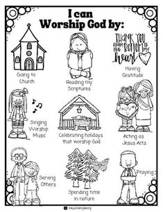 a coloring page with the words i can worship god by and pictures of children in front