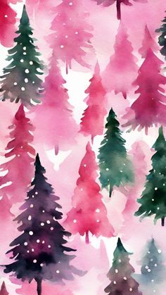 watercolor christmas trees with pink and green colors on the background, painted in different shades