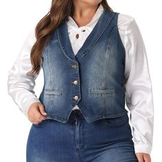 A plus-size brand inspired by the needs of its customers. It can match you on various occasions, by the proper tailoring to show your perfect curve and the comfortable fabrics that enable you a pleasant experience. The denim material brings a classic and it pairs well with different tops and bottoms, making it a versatile and essential piece in your wardrobe. Women's jean waistcoat jacket is suitable for Casual, Beach, Party, Club, Outdoor, Work, Office, School, Travel, Vacation, or Daily Wear. Medium Wash Vest With Buttons, Medium Wash Buttoned Vest For Fall, Medium Wash Vest With Buttons For Fall, Medium Wash Button Closure Vest For Fall, Medium Wash Vest With Button Closure For Fall, Fall Medium Wash Vest With Button Closure, Denim Blue Workwear Vest With Buttons, Denim Blue Vest With Buttons For Work, Workwear Denim Blue Denim Vest With Buttons