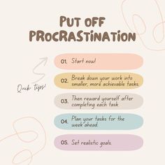 a poster with the words put off procrastination in different colors and sizes