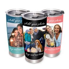 three personalized stainless steel travel mugs with photos