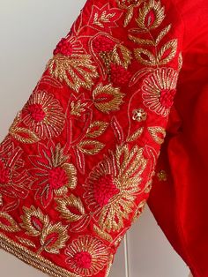 Custom embroidery red pure rawsilk blouse size 38-42 Red Color Work Blouse Designs, Red Handwork Blouse, Aari Work Blouse Red Colour, Hand Embroidered Blouse Designs, Silk Blouse With Floral Embroidery For Reception, Red Embroidered Fabric With Floral Detail For Reception, Traditional Red Embroidered Top With Zari Work, Designer Red Tops With Resham Embroidery, Red Raw Silk Traditional Wear With Floral Embroidery