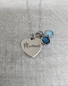 "This sterling necklace is adorned with a stainless steel mirror polished heart shaped charm that reads, \"Memaw,\" and can come with or without 8mm birthstone charms. Necklaces are available in 18 or 20 inches. Please see photos for available charm colors, and put the desired months in the personalization box during checkout. The stones will be arranged in the order you leave them in your note. Enter my shop here to find similar items: https://etsy.me/2EERm29 All items arrive boxed and ready fo Customizable Silver Jewelry Gift For Mom, Customizable Stainless Steel Necklaces - Gift For Mom, Customizable Stainless Steel Necklaces As Gift For Mom, Customizable Stainless Steel Jewelry For Mother's Day, Customizable Stainless Steel Necklace For Mom, Mother's Day Personalized Stainless Steel Jewelry, Customizable Silver Jewelry For Her, Personalized Stainless Steel Jewelry As Gift For Her, Stainless Steel Pendant Jewelry For Mother's Day