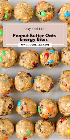 peanut butter oatmeal energy bites in a tray with the title overlay