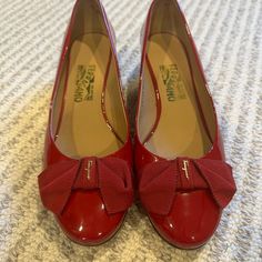 Hardly Worn, Bright Cherry Red Ferragamo Low Heel Shoe In A Size 10 With Satin Bow. Perfect For Any Season, Festive Occasion Or Work! Patent Shoes, Salvatore Ferragamo Shoes, Low Heel Shoes, Ferragamo Shoes, Satin Bow, Cherry Red, Low Heels, Salvatore Ferragamo, Shoes Women Heels