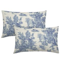 two blue and white toiler pillows