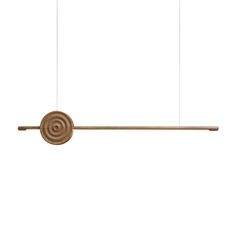 a wooden object hanging from the ceiling with two wires attached to it and one light on each end