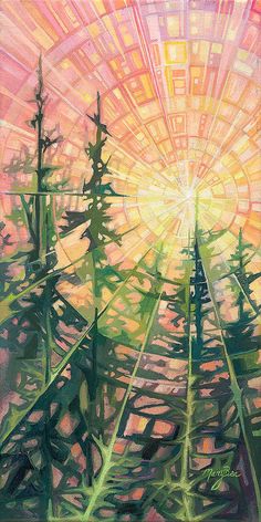 an abstract painting of trees with the sun in the background