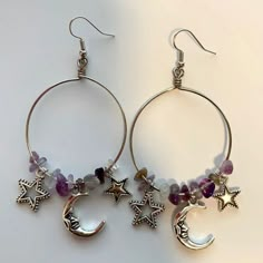 Handmade Lightweight Moon And Stars Hoop Earrings Smiling Moon, Fun Jewelry, Diy Crystals, Moon Jewelry, Hippie Jewelry, Moon Charm, Moon And Stars, Fancy Jewelry, Moon Stars