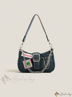 Bird in Bag - Single Shoulder Bag with Chain Decoration Hobo Bag Patterns, Blue Shoulder Bag, Bag With Chain, Bird In Bag, Blue Bags, Hobo Bag, Bag Pattern, Polyester Material, Color Blue