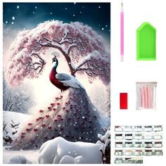 this is an image of a peacock in the snow next to some markers and pencils