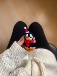 a person holding a small penguin toy in their hand while wearing a red hat and sweater