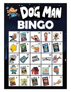 the dog man bingo game is shown in black and white, with cartoon characters on it