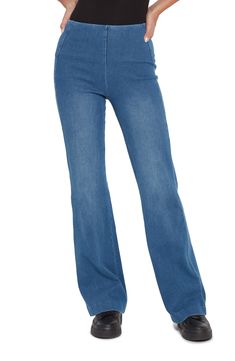 Slimming lines and a comfortable high waist create a streamlined look in wide-leg trousers cut from stretch-cotton denim. 33" inseam; 10" leg opening; 10 1/2" front rise; 13 1/2" back rise Side zip closure Back welt pockets 95% cotton, 5% spandex Machine wash, line dry Imported Hosiery Trendy Stretch Wide-leg Jeans, Chic Medium Wash Full Length Flare Jeans, Chic Medium Wash Full-length Flare Jeans, Versatile Medium Wash Full Length Pants, Modern Full-length Bottoms In Medium Wash, Modern Medium Wash Full Length Bottoms, Modern Full-length Medium Wash Bottoms, Modern Full Length Medium Wash Bottoms, Stretch Medium Wash Full-length Flare Jeans