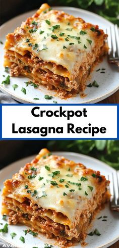 crockpot lasagna recipe on a white plate