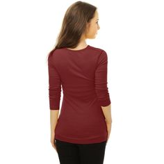 Show your feminine style with this ruched drape neck slim top. This long-sleeved pullover top is one of the must-have items in your wardrobe. The slim cut can show your charming silhouette, and the button decor adds a casual feel. Feel free to pair it with jeans and boots for a smart look. Day-to-Night, Weekend Gathering, Vacation, Office, School, Dating, etc. Solid Color Fitted Top For Fall, Fitted Long Sleeve Ruched Blouse, Fitted Solid Color Top For Fall, Long Sleeve Ruched Blouse For Fall, Solid Color Long Sleeve Tops For Layering, Long Sleeve Solid Color Tops For Layering, Fitted Long Sleeve Solid Top For Fall, Fall Ruched Crew Neck Top, Ruched Fitted Long Sleeve Top For Fall