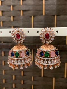 American diamond jhumki . About 21/2 inch. Push back . Maang Tikka, Lace Earrings, Fancy Earrings, India Jewelry, Women's Jewelry And Accessories, Earring Crafts, American Diamond, Fantasy Jewelry, Cartilage Earrings