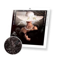 a woman wearing a large white hat and pearls on her head, next to an image of a dressmaker