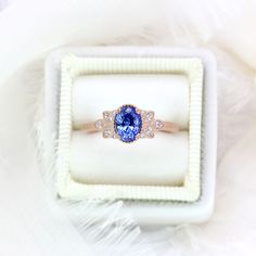 "This unique natural Sapphire has a beautiful saturated Cornflower Blue color. Set in a double prong setting with a decorative halo of milgrain around the stone. Accented with marquise natural white diamonds. The sapphire comes with a gemstone certificate. Ring Size 6 - Ready to ship Please contact me if you wish to have this ring re-sized ------------------------------------------------------------------------------ ♦ITEM DETAILS: * 1.16ct | 6.71x4.99 | Oval Cornflower Blue Sapphire * Comfort-f Oval Sapphire Engagement Ring, Vintage Inspired Engagement Rings, Gold Anniversary, Family Jewellery, Sapphire Engagement Ring, Pave Ring, Sapphire Engagement, Anniversary Wedding, Cornflower Blue