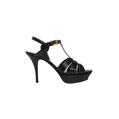 Saint Laurent leather sandal. Approx. 3" covered stiletto heel; 1.2" platform; 1.8" equiv. Tapered straps band open toe. T-strap vamp. Adjustable ankle strap. Leather lining and sole. Made in Italy Elegant T-strap Heels With Branded Heel Counter, Chic Evening T-strap Sandals With Open Heel, Chic T-strap Sandals With Open Heel For Formal Events, Elegant Leather T-strap Sandals For Evening, Luxury Leather T-strap Sandals For Party, Designer Ankle Strap Platform Sandals, Designer Platform Sandals With Ankle Strap, Elegant Platform Sandals With Ankle Strap, Party Leather T-strap Sandals With Heel Loop