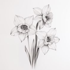 black and white drawing of three flowers