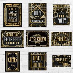 black and gold art deco party signs on a white brick wall with bricks in the background