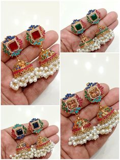 Beautiful nauratan multi stone Jhumkas Multicolor Temple Jewelry Jhumkas, Multicolor Temple Jewelry Chandbalis With Tilla, Multicolor Chandbalis With Tilla In Temple Jewelry Style, Multicolor Kundan Jhumkas With Cutdana, Multicolor Temple Jewelry Jhumkas For Festivals, Multicolor Chandbali Jhumkas For Navratri, Multicolor Temple Jewelry Jhumkas For Festive Occasions, Multicolor Temple Jewelry Jhumkas For Celebration, Heavy Multicolor Jhumkas For Celebration