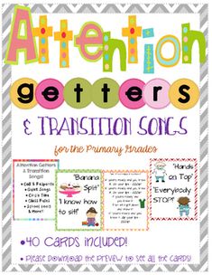 the cover of attention getter's and transition songs for primary students with pictures