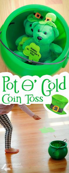 a green pot with a teddy bear in it and the words pot e'gold can toss