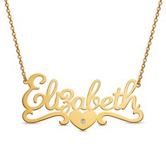 The style is in the spelling with this elegant name necklace. Created in your choice of metal, this Personalized design showcases a name - up to ten characters in length - sculpted in a classic font with a ribbon and heart below the name. A single diamond sparkles at the center of the heart-shaped accent. Polished to a bright shine, this moniker suspends centered along a cable chain, adjustable from 16.0 to 18.0 inches, that secures with a spring-ring clasp. Nameplate Necklace For Anniversary, Nameplate Necklace For Anniversary Gift, Elegant Name Necklaces For Anniversary Gift, Anniversary Gift Nameplate Necklace, Initial Pendant Name Necklace For Anniversary Gift, Nameplate Necklace With Names For Anniversary Gift, Elegant Letter-shaped Jewelry With Name, Elegant Letter Shaped Jewelry With Name, Elegant Letter-shaped Name Jewelry