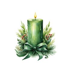 a green candle surrounded by greenery and red berries with a bow on the side