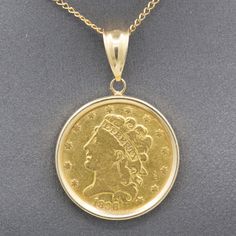 "1836 US 5 Dollar Gold Coin Pendant with 14k Bail in Yellow Gold I can't imagine the stories that this coin has witnessed in its almost 200 year old life!  This is a US $5 liberty gold coin, wrapped in a simple 14k bezel.  The pendant measures 1 1/8\" across in width and is just over 1 1/4\" in height including the bail.  The piece weighs 9.31g.  The listing is for the pendant only." Gold Coin Pendant, 5 Dollar, Gold Coin, Coin Pendant, Gold Coins, Gold Style, Year Old, Jewelry Necklace Pendant, Bangles