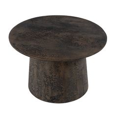 a round wooden table with black paint on the top and brown wood grained finish