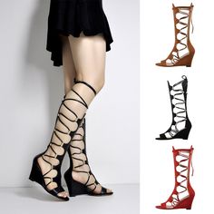 Product Description Women's Gladiator Sandals Shoes Strappy Knee High Lace Up Wedge Heel Boots Beach Rubber sole DESIGN -- Sexy gladiator wedge sandals, fashionable, casual and comfortable women keen high shoes with zipper and metal decoration design BEAUTY -- Delicate and sexy gladiator sandals for women. Mid calf shoes - Hot selling style of women shoes, sure to look great with any outfit. BEST GIFTS -- Thigh heel caged wedge sandals boot with 3.15" best height to show perfect figure of women. Leather Lace-up Wedge Sandals For Summer, Leather Wedge Heel Lace-up Sandals For The Beach, Leather Lace-up Wedge Sandals For Beach, Thigh High Gladiator Sandals, Gift Ideas For Wife, Knee High Sandals, Gladiator Wedge Sandals, Fancy Sandals, Gladiator Wedges